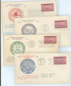 US 858 1939 3c 50th anniversary of four states on four addressed first day covers with matching cachets (Granby) and correspondi