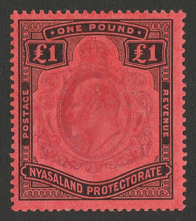 NYASALAND 1908 KEVII £1 purple & black on red.  