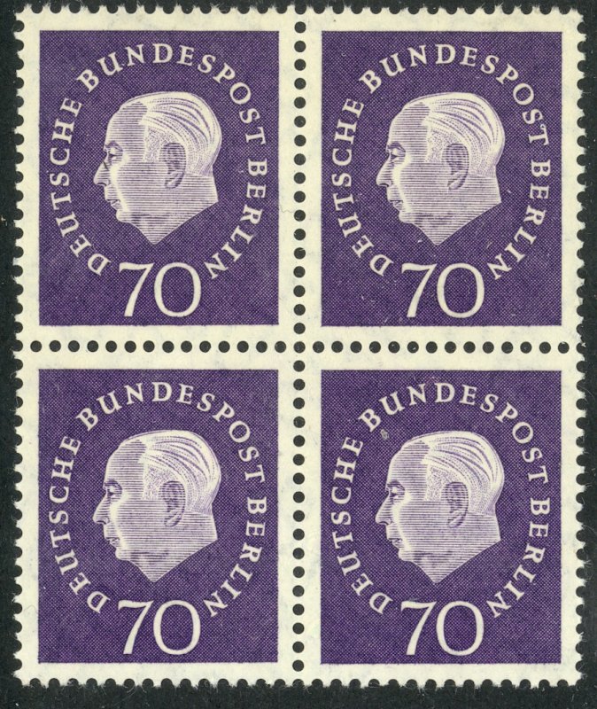 GERMANY / BERLIN - 1959 70pf President Heuss Issue Block of 4 Sc 9N169 MNH