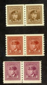 6x WW II M stamps 3x Coils Pairs 1 of each 2-3c-3c 3MNH 3xH Guide Value=$30.00