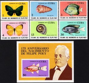 CUBA Sc# 1893-1899  FELIPE POEY butterflies fish  CPL SET of 6 + SS   1974  MNH