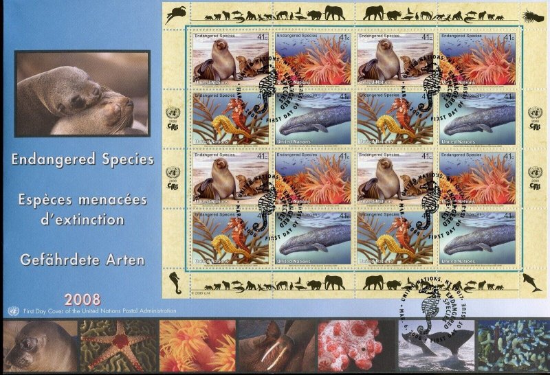UNITED NATIONS 2008 ENDANGERED SPECIES SHEETS  ON  THREE  FDCS BY RORIE KATZ