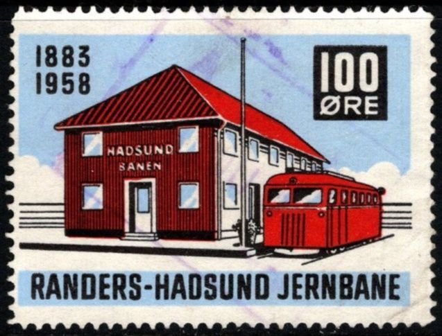 1958 Denmark Private Railway Local Stamp 100 Ore Randers-Hadsund Railways
