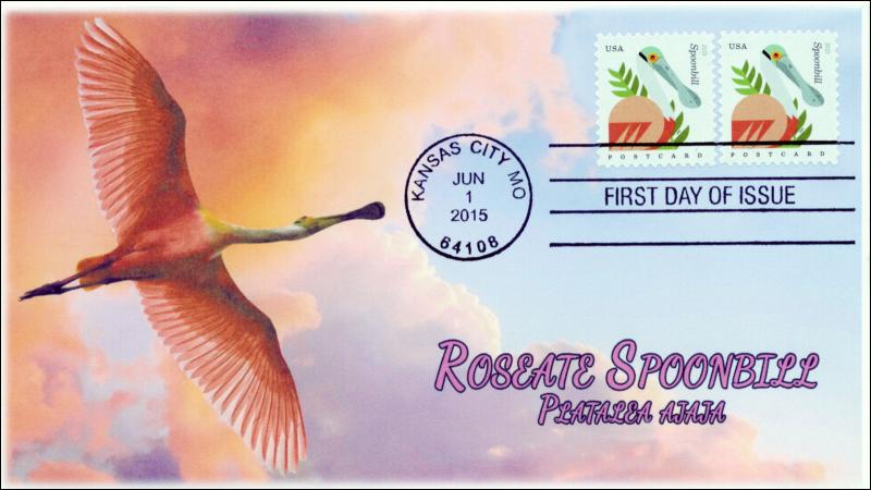 SC 4993, 2015, Coastal Birds, Roseate Spoonbill, FDC, BW, 15-172