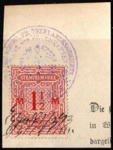 1881 Germany Prussia Revenue 1 1/2 Marks General Stamp Duty w/Official Cancel
