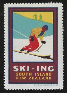 Ski-ing, South Island, Tourism, New Zealand, Circa 1937 Poster Stamp, N.H.