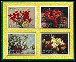 Bhutan 114s, MNH, Flower Paintings Embossed souvenir sheet