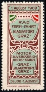 1909 Austria Poster Stamp Long Distance Bike Ride. Engine Reliability Trip