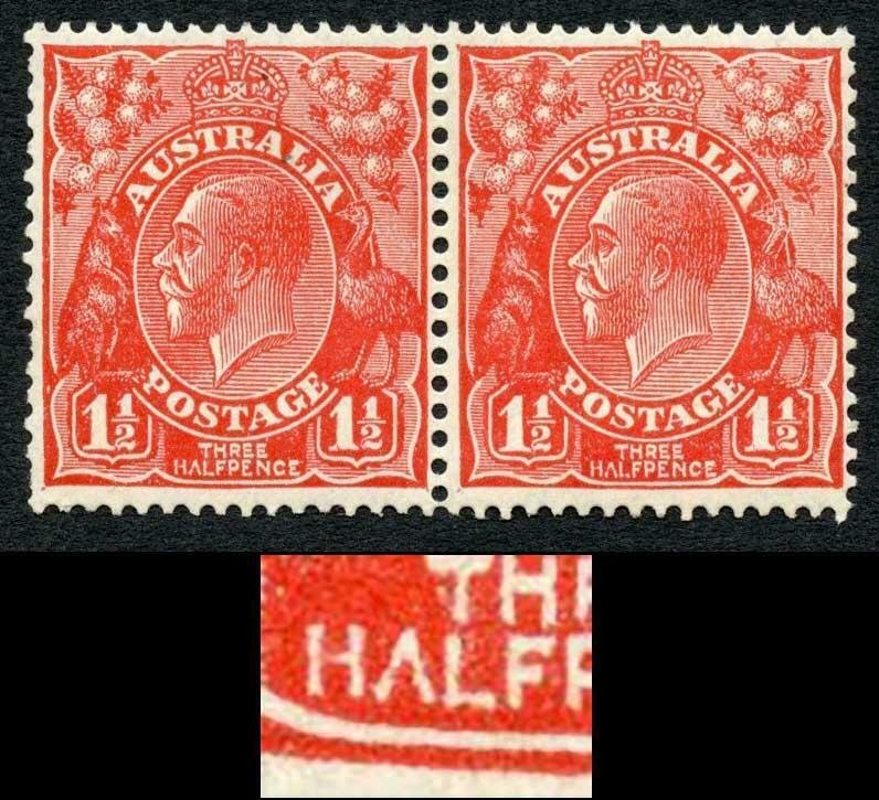 Australia SG96a 1 1/2d Golden Scarlet Variety Inverted V for A in pair M/M