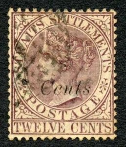 Straits Settlements SG75 8c on 12c Brown purple Cat 190 pounds