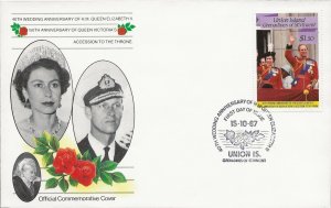 UNION ISLAND 1987 40TH WEDDING ANNIV QUEEN ELIZABETH, SET+S/SHEET ON 4 FDC'S 