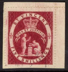 ST.VINCENT SG53 1888 5/- LAKE FINE USED ON PIECE