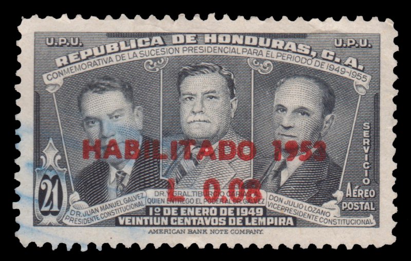 HONDURAS 1953 AIRMAIL STAMP. SCOTT: C207. USED.