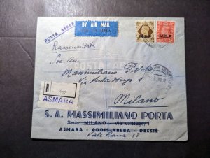 1948 Registered British Eritrea Overprint Airmail Cover Asmara to Milan Italy