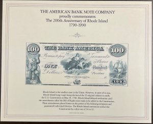 ABNC SO72 1990 Souvenir Card $100 The Bank of America - Rhode Island 200th Anniv