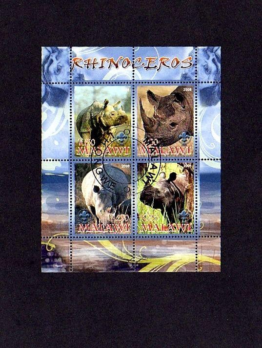 MALAWI - 2008 - RHINO - RHINOCEROS - AFRICA - CTO NH PERF S/SHEET!