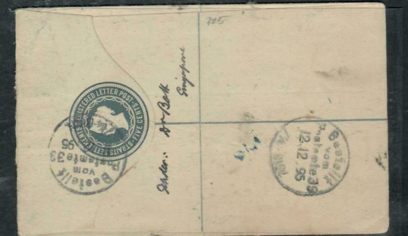 MALAYA STRAITS SETTLEMENTS COVER (P0307B) 1895 QV 5C RLE+8C  REG SINGAPORE-GERMA