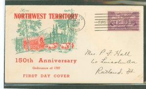 US 795 1937 3c Ordinance of 1787/Northwest Territory (single) on an addressed first day cancel with a Plimpton cachet.