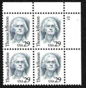 1993 Thomas Jefferson Plate Block of 4 29c Postage Stamps, Sc# 2185, MNH, OG