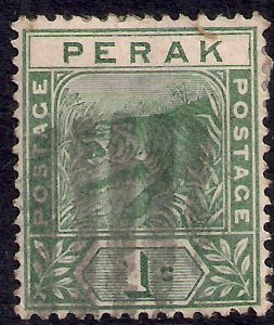 Perak Malaya 1892 - 95 QV 1ct Green used SG 61 ( C1012 )