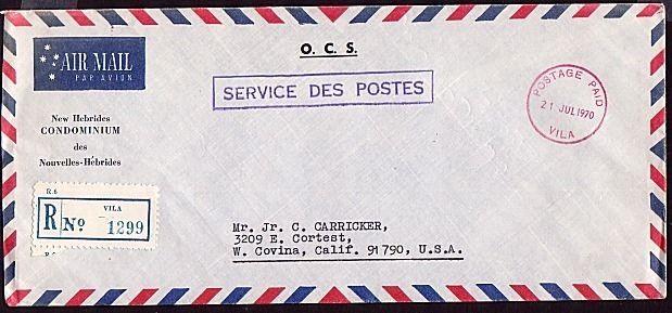 NEW HEBRIDES 1970 Official registered cover POSTAGE PAID VILA cds.......32143