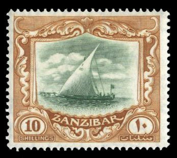 Zanzibar #213 Cat$40, 1936 10sh brown and green, lightly hinged