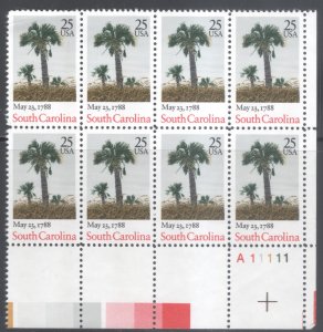 US #2343 Plate Block (8 stamps) MNH South Carolina Statehood