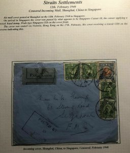 1940 Shanghai China Censored Airmail Cover To Singapore Via Hong Kong