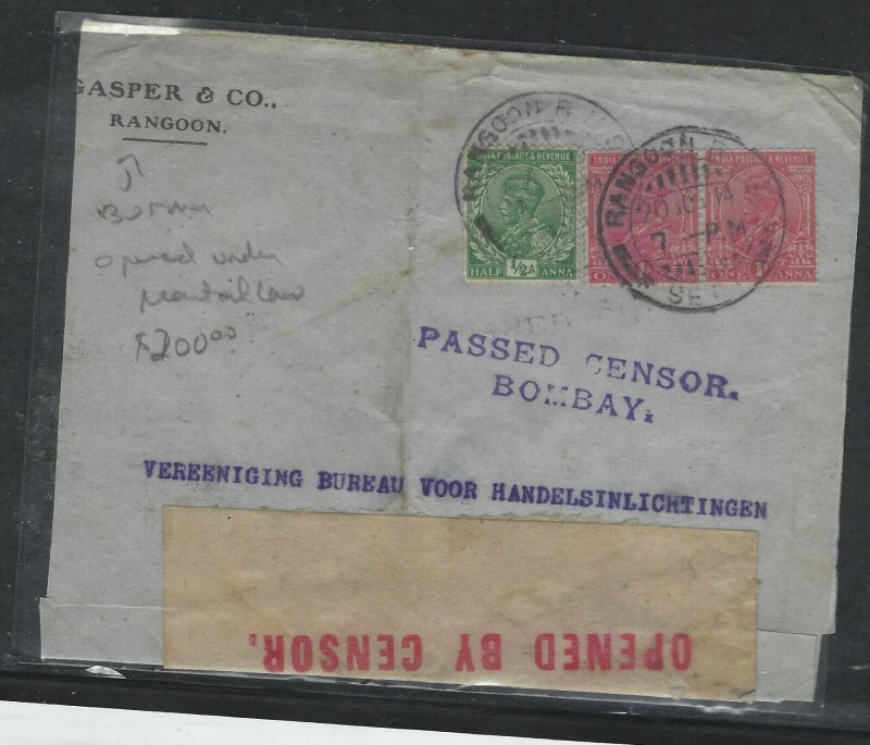 BURMA  (P0209B) INDIA USED IN KGV 1914 1/2A+1AX2 CENSOR COVER RANGOON TO DUTCH B