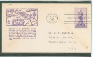 US 799 1937 3c Hawaii (Part of the US Possessions Series) on an addressed, typed FDC with a Parsons/Aubry Cachet