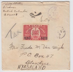 Short-paid T10 centimes to ** NYASALAND ** 1941 with receivers, Canada cover