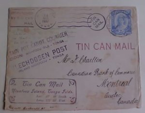 TONGA TIN CAN  COVER 1937 TO CANADA B/S SHIP MARK