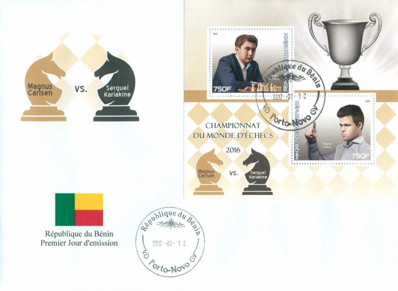 Chess World Champion Schach Echecs Magnus Carlsen Benin first day covers FDC set