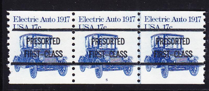 Plate Number Strip of 3. 17c Electric Car with Presorted First Class PNr. 5