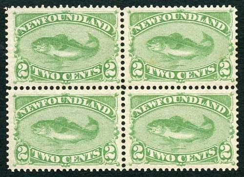 Newfoundland 1880 SG46 2c yellow-green Fine Mint Block of Four