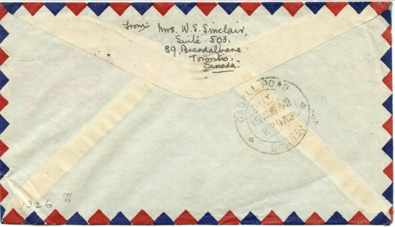 $1.00 single use via Miami, Brazil & West Africa to INDIA, 1942 cover Canada