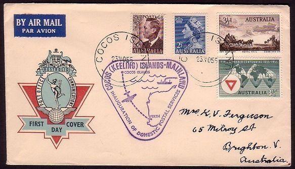 COCOS ISLAND 1955 Australia franking on first flight cover.............37281