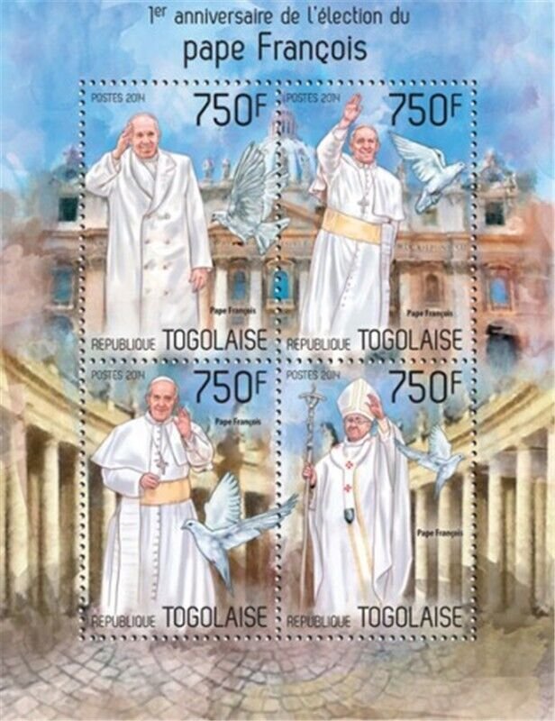 Togo - 2014 Pope Francis 1st Anniversary - 4 Stamp Sheet - 20H-888