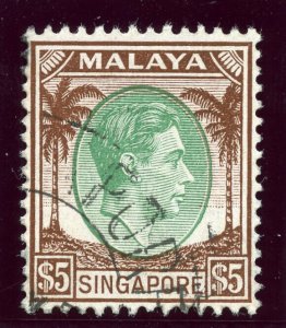 Singapore 1948 KGVI $5 green & brown very fine used. SG 15. Sc 20.