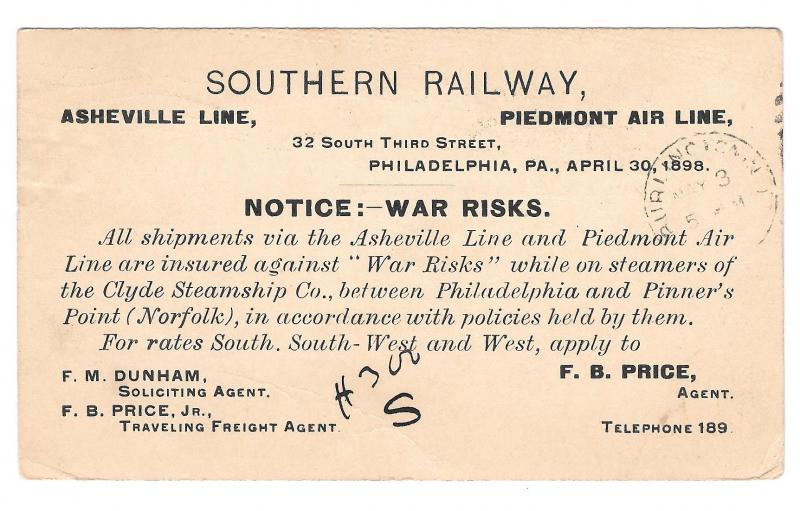 UX14 Philadelphia 1898 Barry Cance Southern Railway War Risks Clyde Steamship Co