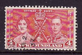 Newfoundland- Sc#231-used 4c KGVI Coronation-id#358-1937-