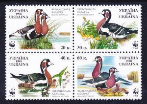 Ukraine 323a MNH 1998 Branta Ruficollis World Wild Life Fund Perf 11 Block of 4