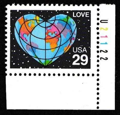 SC# 2535 - (29c) - Love, heart shaped globe, MNH Plate # Single U21122