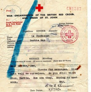 GB Channel Islands WW2 RED CROSS Message St Peter GUERNSEY Manchester 1943 MAX35 