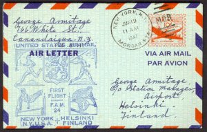 USA 1947 10c Aergoramme Sc UC16 FAM 24 FFC NY to Helsinki Finland SPORTS Cachet