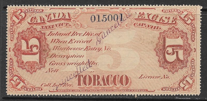 CANADA TOBACCO EXCISE Series of 1870 15lb Red TAX PAID REVENUE MNG Sm#  M-278a