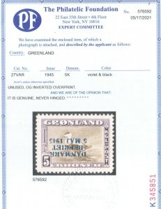 Greenland #27 (Facit #27v1) Very Fine Never Hinged Inverted OVPT **With Cert.**