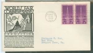 US 852 1939 3c Golden Gate International Expo (Pair) On An Addressed (Typed) FDC With An Anderson Cachet