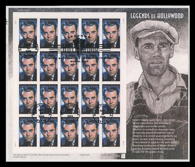 SC #3911 - 37c HENRY FONDA - USED SHEET (PANE) OF 20