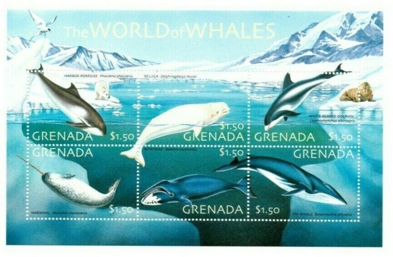 Grenada 2002 - Marine Life Fish Whales - Sheet Of 6 Stamps - Scott #3186 - MNH